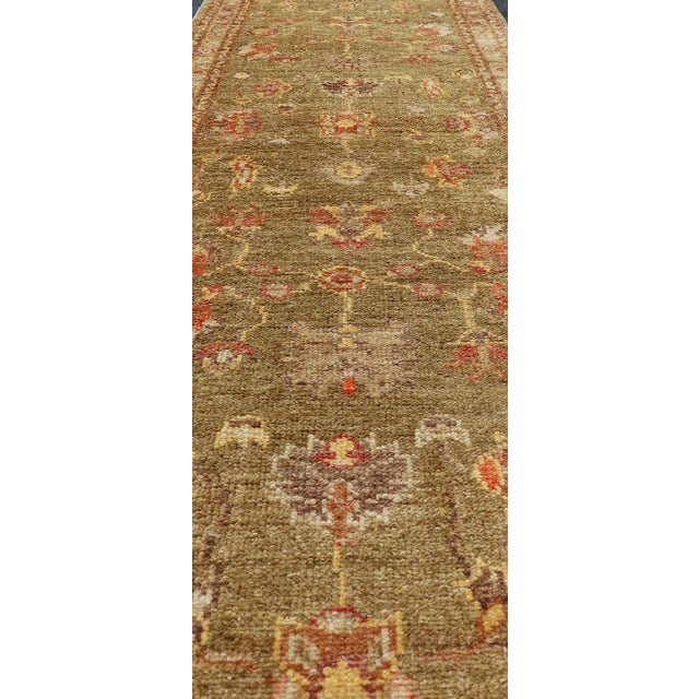 Turkish Oushak Runner With Traditional All-Over Design in Yellow Green 2'7"x9'10" For Sale - Image 4 of 10