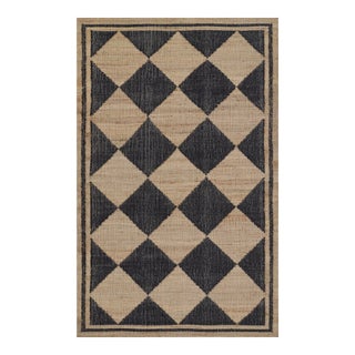Erin Gates by Momeni Orchard Court Checker Black Hand Woven Wool and Jute Area Rug 3'6" X 5'6" For Sale