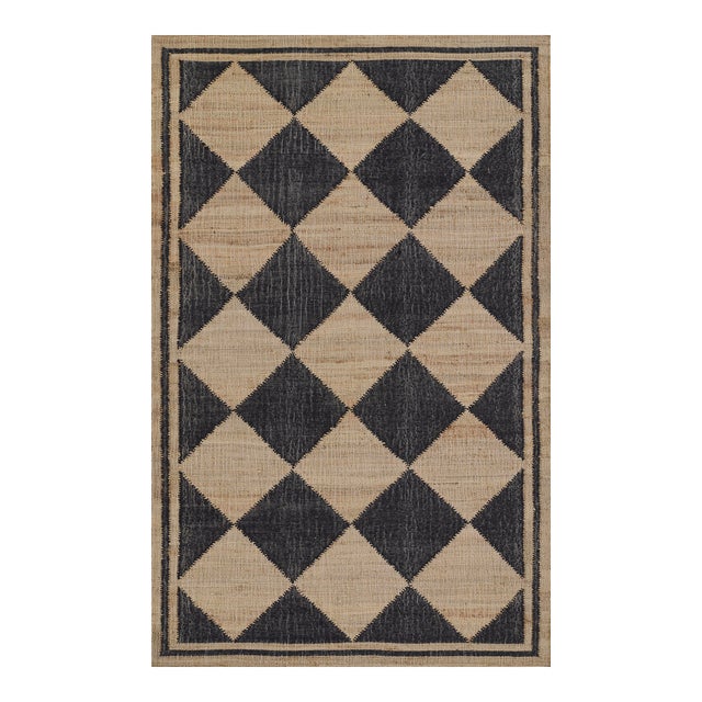 Erin Gates by Momeni Orchard Court Checker Black Hand Woven Wool and Jute Area Rug 3'6" X 5'6" For Sale