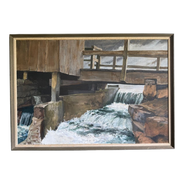 Large MidCentury Original Oil Painting of Spring Run - Dam and River For Sale