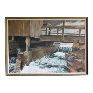 Large MidCentury Original Oil Painting of Spring Run - Dam and River