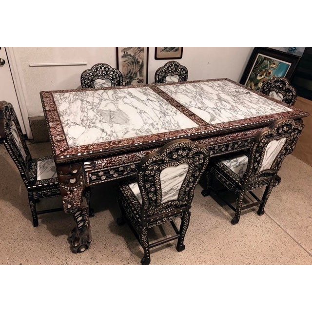 Vintage Chinese Rosewood Mother-of-Pearl Inlaid Dining Set – Rectangular Table + 6 Chairs With Marble Tops For Sale - Image 9 of 12