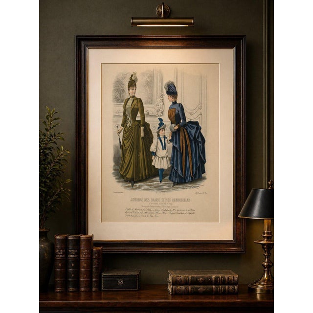 French Fashion Print, Parisian Ladies & Child Interior Scene, c.1887 A refined and elegant 19th-century French fashion...