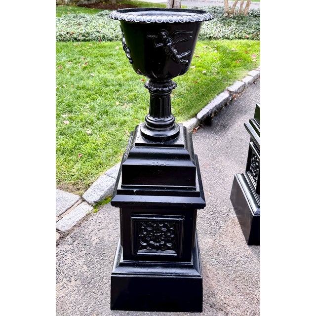 1900 - 1909 Large Antique Black Cast Iron Garden Urns on Pedestals, Pair, Circa 1900 For Sale - Image 5 of 18