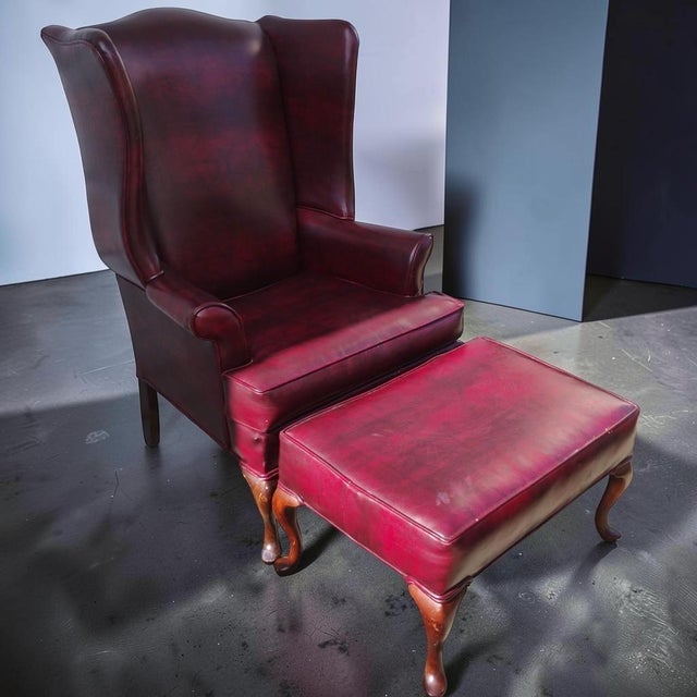 Vintage English Georgian-Style Wingback Oxblood Upholstery Lounge Chair & Matching Ottoman For Sale - Image 10 of 10