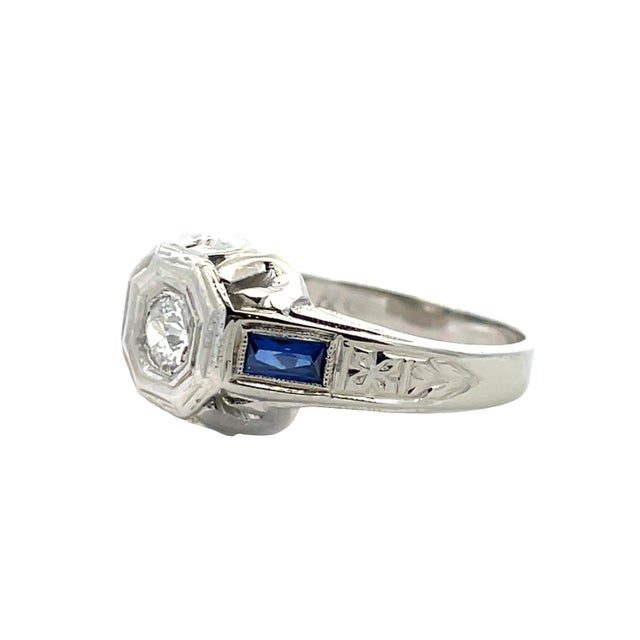 Mid 20th Century 18k White Gold Art Deco Diamond & Blue Sapphire Ring, Size 7.75 For Sale In New York - Image 6 of 9