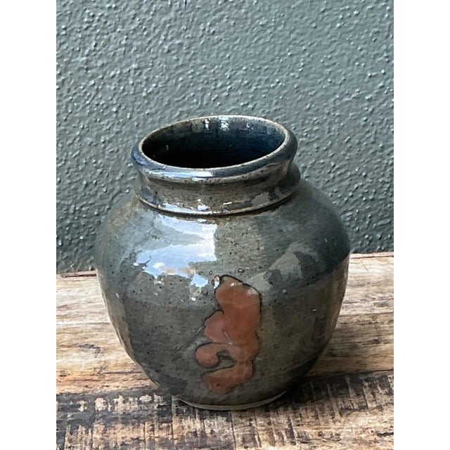 Greige Vintage Glazed Ceramic Vase For Sale - Image 8 of 12