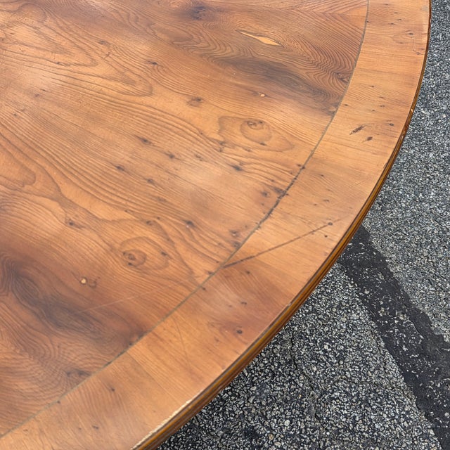 72" English Regency Revival Figured Elm Sunburst Center Pedestal Dining Table on Brass Casters For Sale - Image 12 of 16