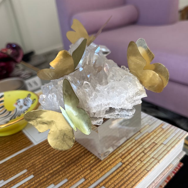 Boho Chic Brass Butterfly and Quartz Object For Sale - Image 3 of 12