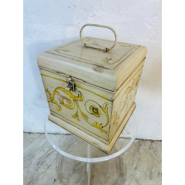This charming item is a vintage metal tole tea or biscuit box, hand-painted and likely European or Italian in style....