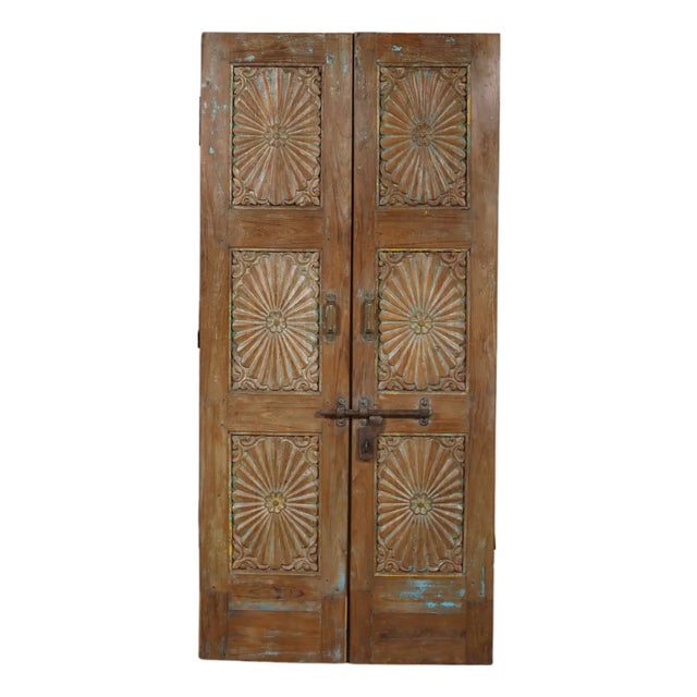 Antique Indian Sunburst Carved Teakwood Door, Late 19th C. For Sale