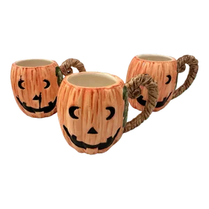 Vintage OCI/Fitz & Floyd Jack-O-Lantern Mugs-Set of 3
