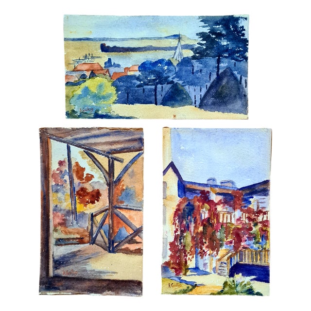 A Ghillies, Barbizon School Landscapes, 1918, Watercolors, Set of 3 For Sale