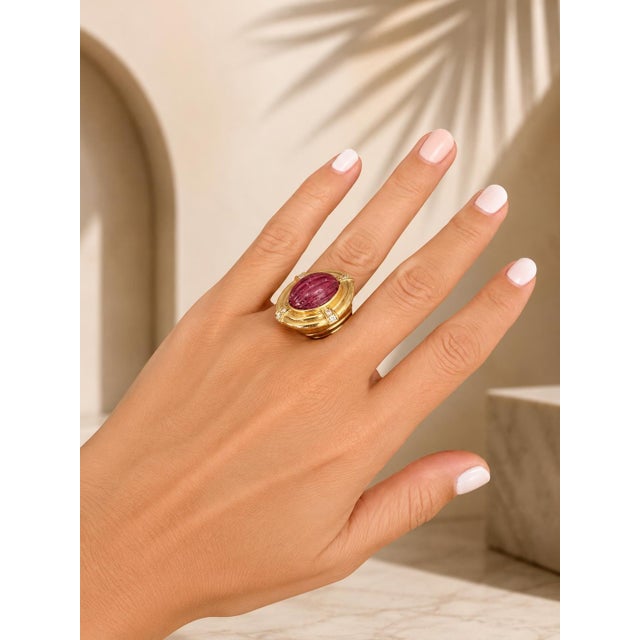 Vintage Italian 18k Gold Carved Rubellite Tourmaline Diamond Bombe Ring, Size 7 For Sale - Image 12 of 12