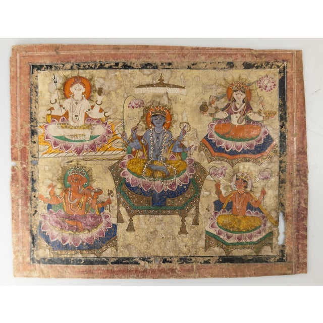 We are selling this small Indian devotional painting. This Hindu grouping of important figures includes Vishnu and Ganesha...