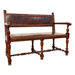 Antique Spanish Colonial Oak Leather Bench, 1890s For Sale