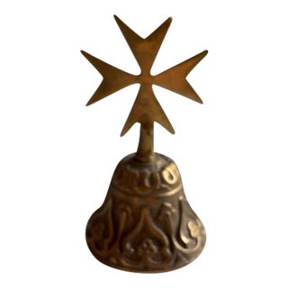 Mid 20th Century Brass Bell With Ornate Base and Maltese Cross For Sale