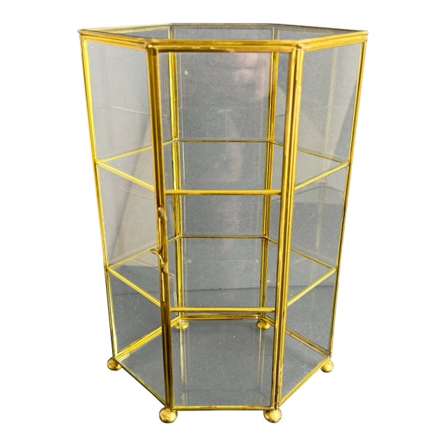 Vintage Brass & Glass Display Shelf Petite Footed Curio Display Cabinet Miniature Case For Sale