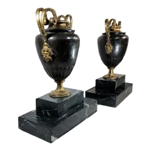 Pair of Early 20th Century Baker Knapp and Tubbs Bronze Vases With Gilt Trim on Green Marble Base