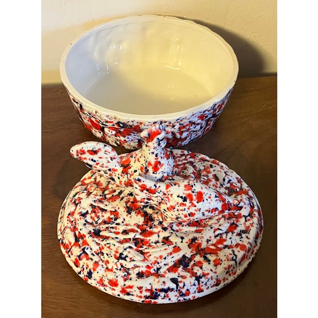 Vintage Mid-Century Modern Spatterware Pottery Covered Chicken Box For Sale - Image 12 of 14