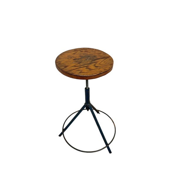 1970s Vintage Industrial Stool With Solid Wood Round Seat and Metal Tripod Base For Sale - Image 5 of 10