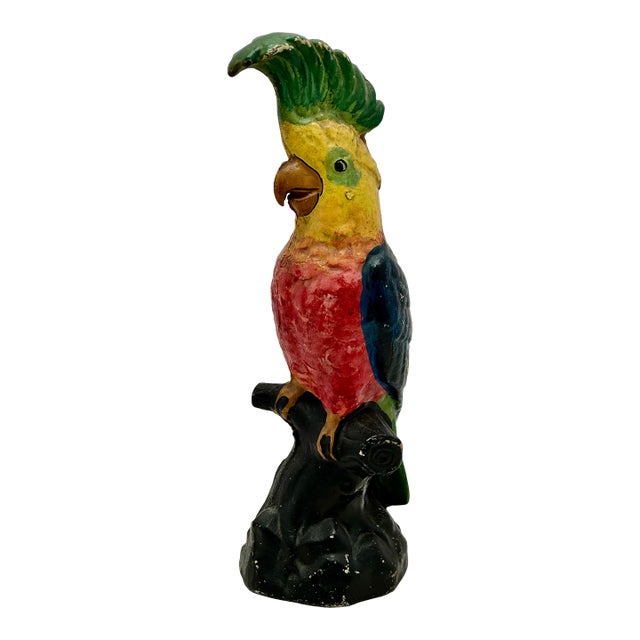 Rare Very Large 14 1/2 Inches Tall Antique American Cast Iron Cockatoo - Parrot Doorstop in Original Paint Circa 1920s For Sale