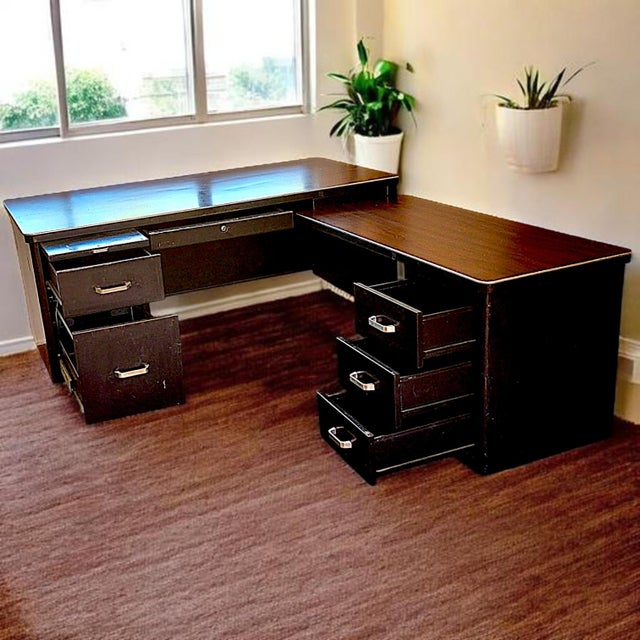 Mad-Men Industrial 1970s Black Metal & Rosewood Laminate L-Shaped Executive Desk With Storage For Sale In Palm Springs - Image 6 of 6