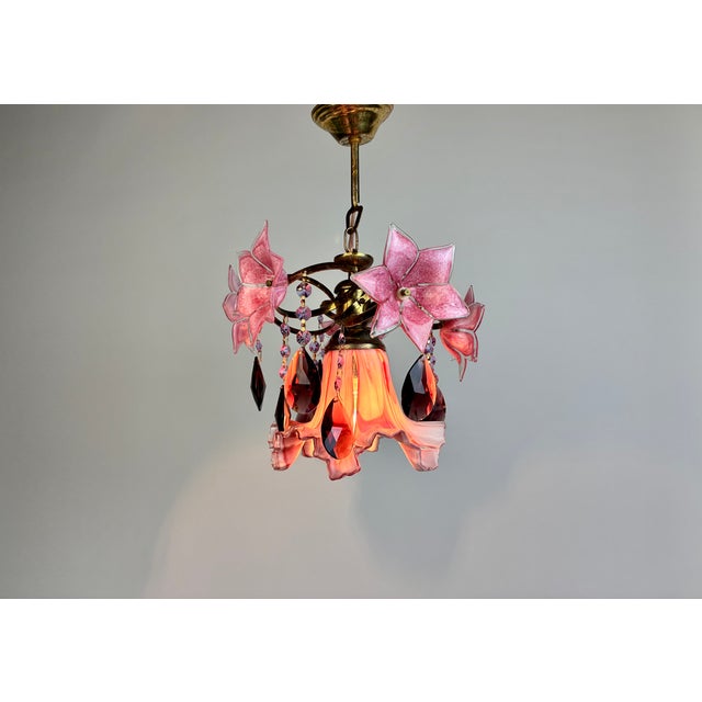 Vintage Pink Murano Style Flower Chandelier / Hand Redesigned / Burgundy Crystal Drops / 1 Light Brass Ceiling Lamp For Sale - Image 18 of 18