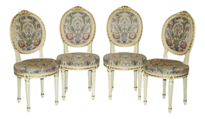 French Gold and Silver Leaf Embroidered Dining Chairs, Set of 4