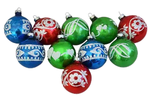 1960s Mid-Century Glitter Christmas Tree Ornaments W/Box - Set of 10