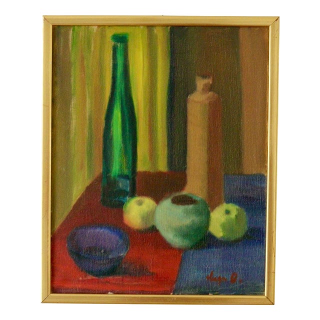 Hugo Olson, Still Life with Bottles and Apples, 1950s, Oil on Canvas, Framed For Sale