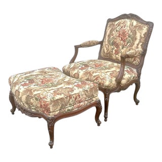 1980s Large Vintage Louis XV Style Carved Lounge Chair Ottoman Set For Sale