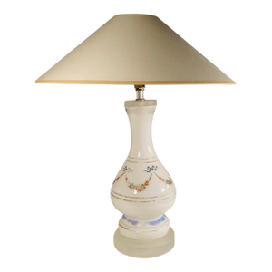 Antique French Louis Philippe Napoleon III White Opaline Lamp With Enamel Painted Floral Ribbons Garland & Gold Rings Mounted on Frosted Acrylic Base