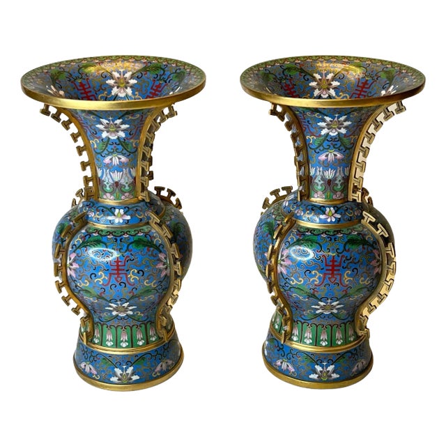 Antique Chinese Blue Cloisonne Vases - A Pair For Sale