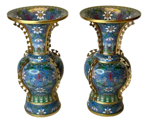 Antique Chinese Blue Cloisonne Vases - A Pair