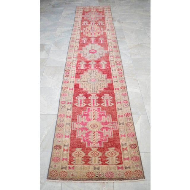 Hand-Knotted Turkish Runner Rug, Low Pile Hallway Rug Kitchen Decor - 3′ × 12′3″ For Sale - Image 15 of 18
