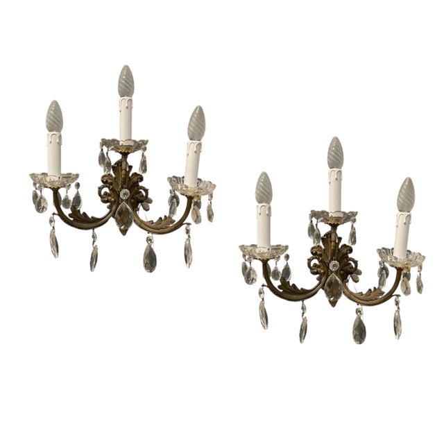Vintage Bronze Crystal Sconces, 1950s, Set of 2 For Sale - Image 9 of 9
