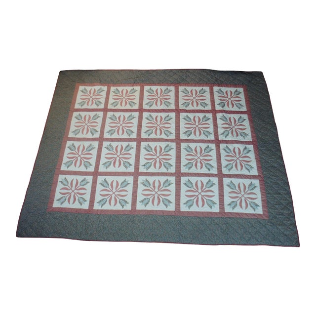 Vintage Hand Stitched Geometric Folk Art Tulips King Queen Blanket Bedspread Quilt For Sale