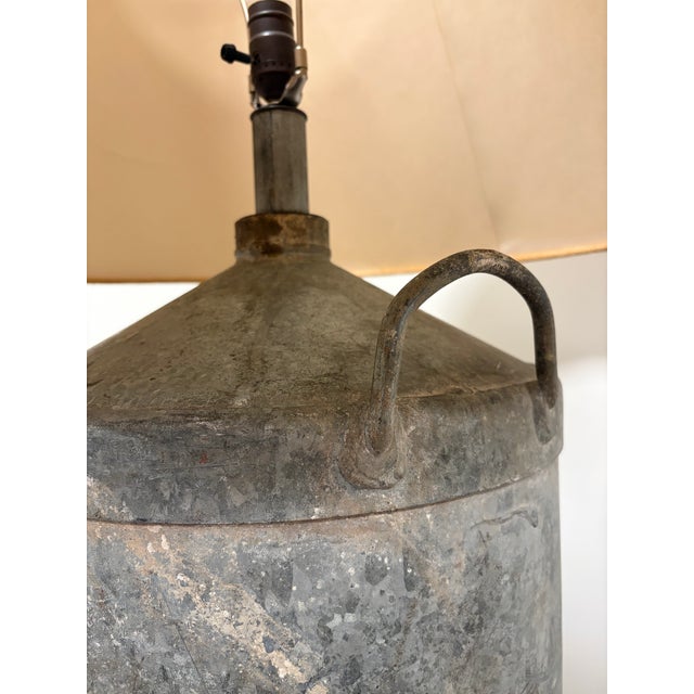 Antique French Galvanized Lavender Canister Lamps With Original Labels & Custom Burlap Shades - a Pair For Sale - Image 11 of 17