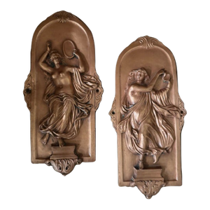 Antique French Art Nouveau Copper-Clad Figural Applique Wall Plaques, Circa 1880 - 1920, Set of 2