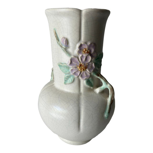 1930's Art Deco Wild Rose Pattern Vase by Weller Pottery For Sale
