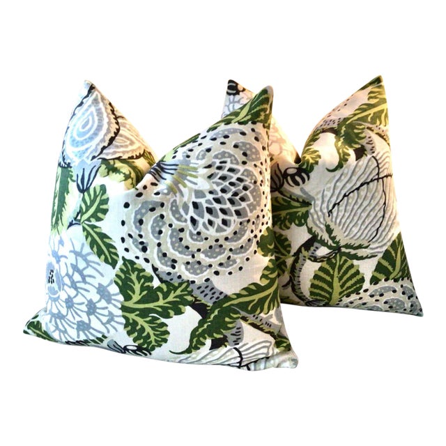 Thibaut “Mitford” in Green Down Filled Pillows - a Pair For Sale