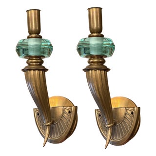 1950s Gio Ponti for Fontana Arte Style Brass & Nile Green Sconces - Pair For Sale