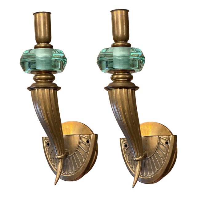 1950s Gio Ponti for Fontana Arte Style Brass & Nile Green Sconces - Pair For Sale