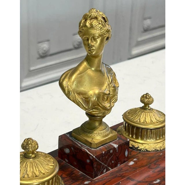 Antique French Gilt Bronze Inkwell on Rouge Marble Stand For Sale In Los Angeles - Image 6 of 7