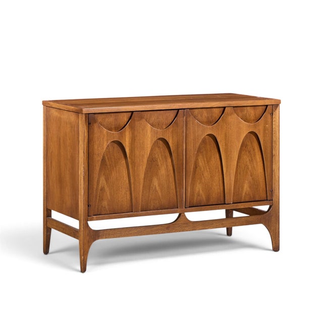 Broyhill Brasilia Mid Century Walnut and Brass Credenza with Hutch The credenza measures: 37 wide x 17 deep x 26.25 inches...