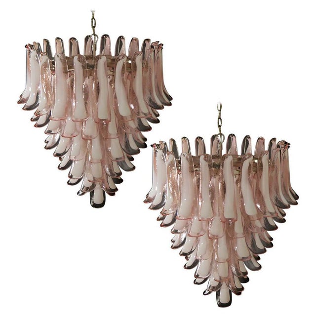 Pair of Huge Italian vintage Murano chandeliers made by 75 glass petals (pink and white “lattimo”) in a chrome frame....