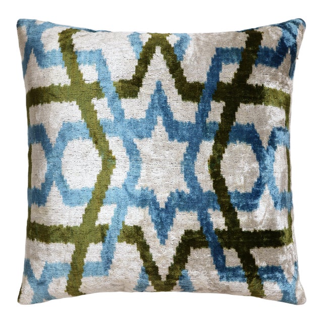 Hand-Knotted Silk Velvet Ikat Pillow - 16x16 Azure & Olive Star Lattice For Sale