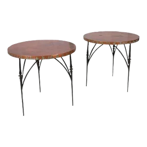 Cast Iron End Tables with Copper Clad Tops - A Pair