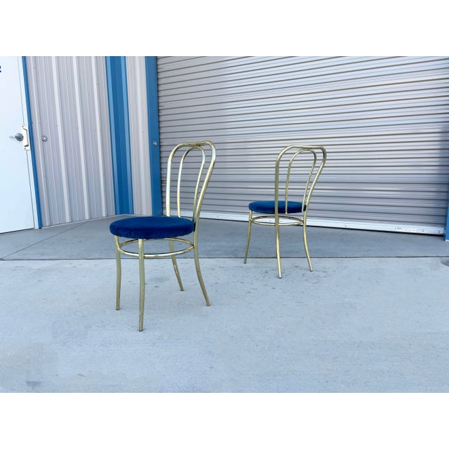 Brass 1980s Set of 4 Vintage Hollywood Regency Brass & Royal Blue Velvet Dining Chairs For Sale - Image 8 of 16